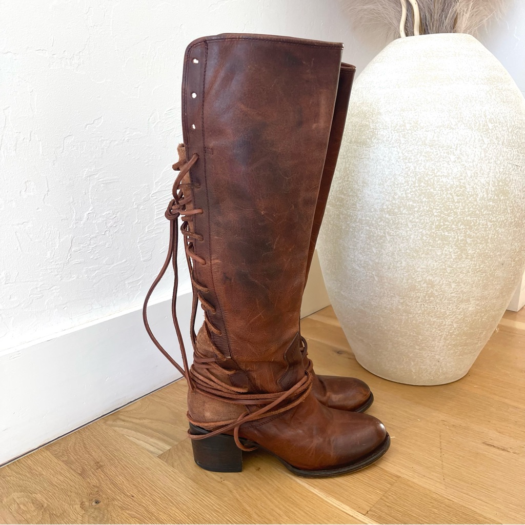 Freebird By Steven Coal Brown Cognac Leather Tall Tie Back Heeled Boots Size 8